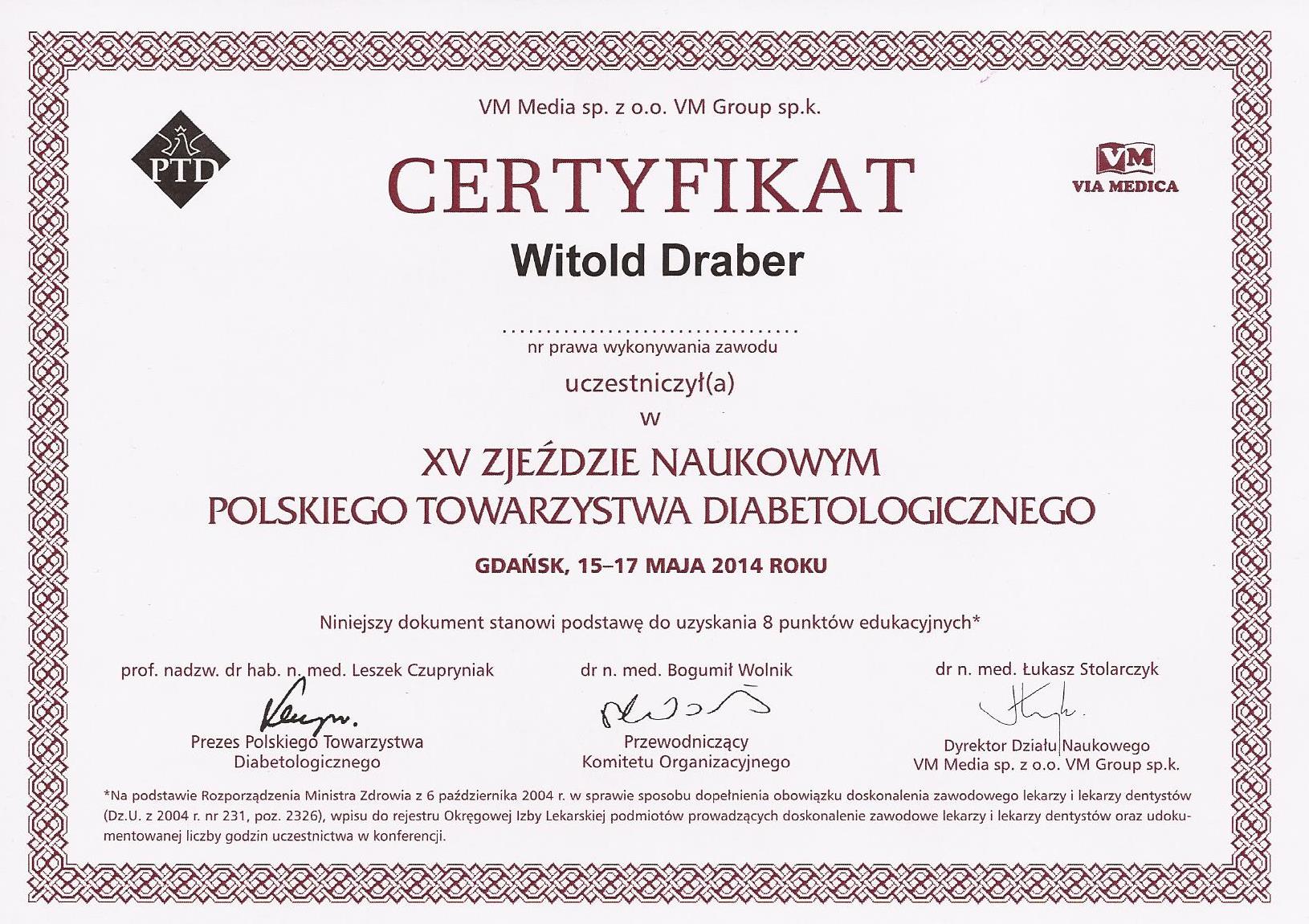Certyfikat Polskiego Towarzystwa Diabetologicznego