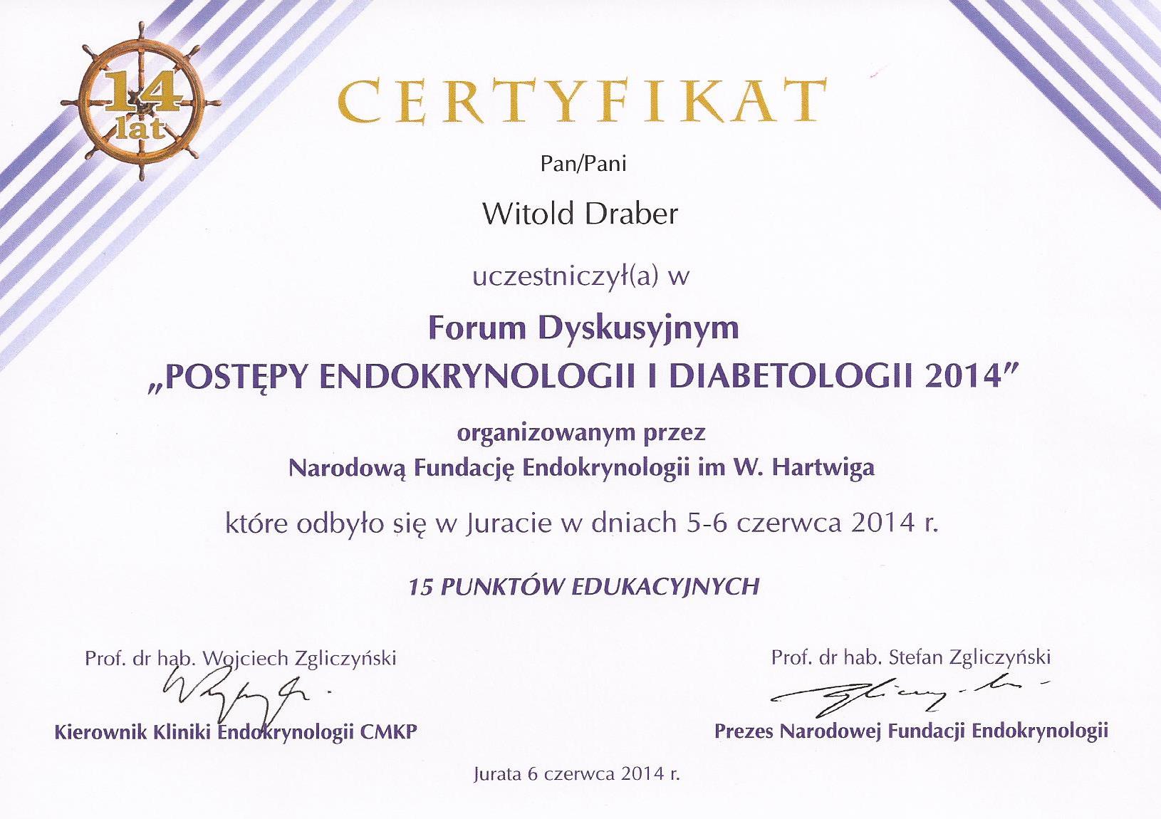 Certyfikat z konferencji o endokrynologii i diabetologii