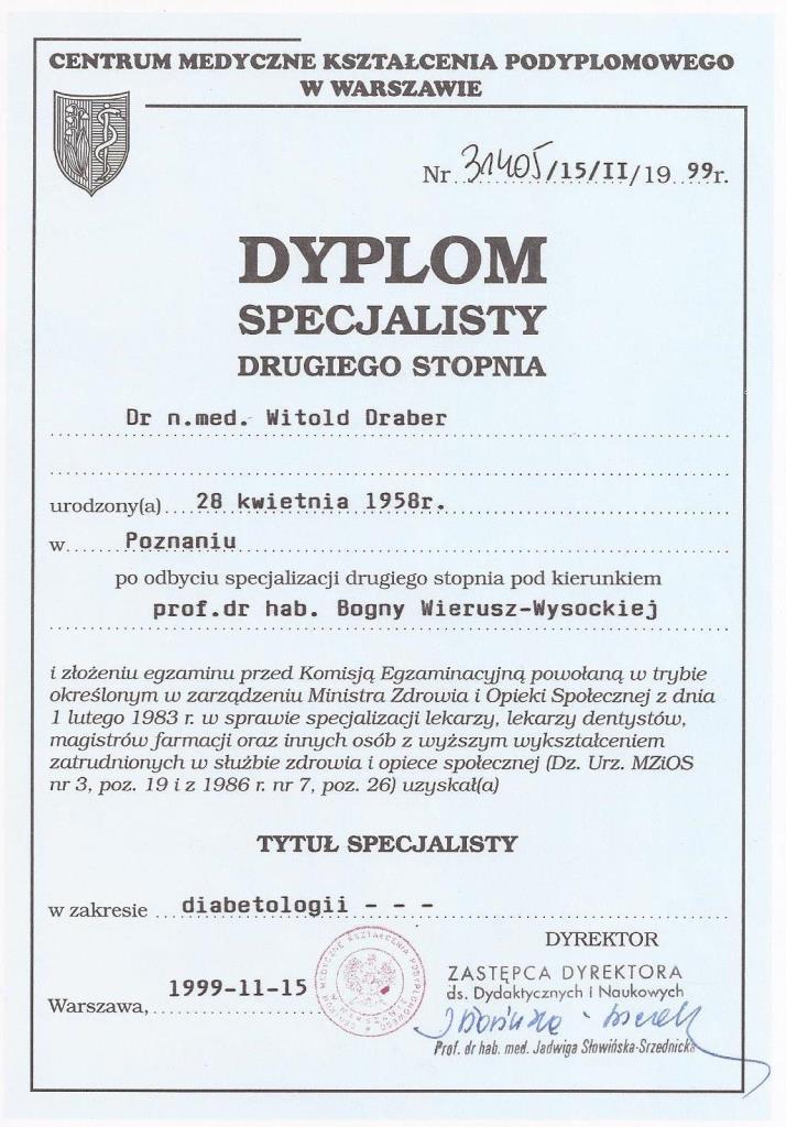 Dyplom specjalisty w zakresie diabetologii